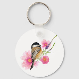 Llavero Cute acuarela Chickadee Flowe Art