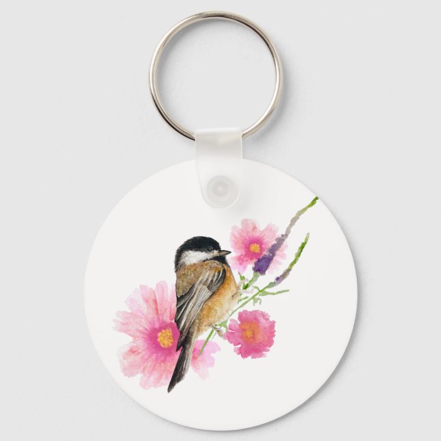 Llavero Cute acuarela Chickadee Flowe Art (Anverso)