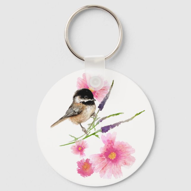 Llavero Cute acuarela Chickadee Flower Art (Anverso)