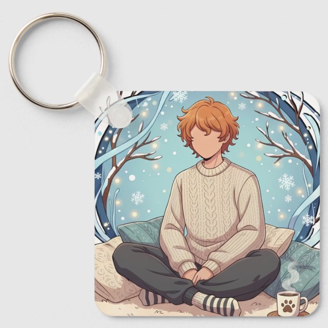 Llavero Cute Anime Boy Drinking Coffee in Winter (Anverso)