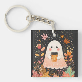 Llavero Cute Autumn Ghost with Pumpkin Coffee – Cozy Fall