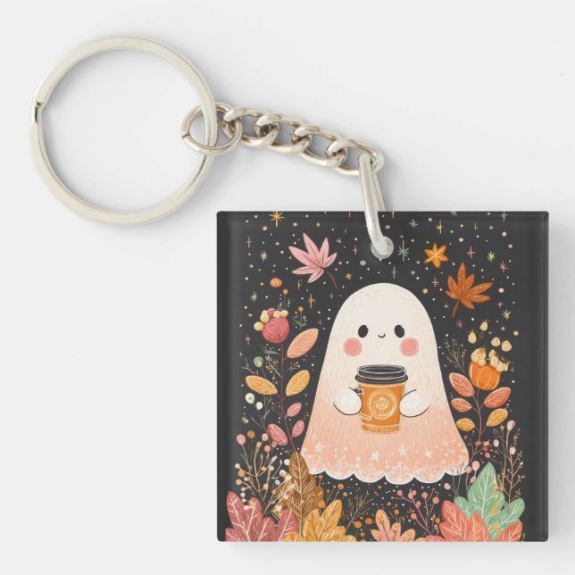 Llavero Cute Autumn Ghost with Pumpkin Coffee – Cozy Fall  (Frente)
