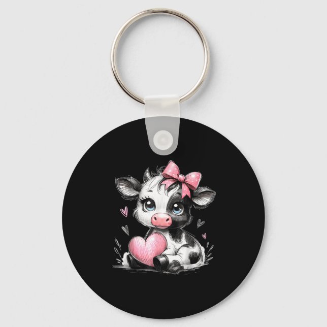 Llavero Cute Baby Cow With Nk Coquette Bow Holding Heart  (Anverso)
