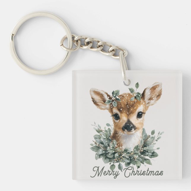 Llavero Cute Baby Deer Merry Christmas – Watercolor Fawn  (Frente)
