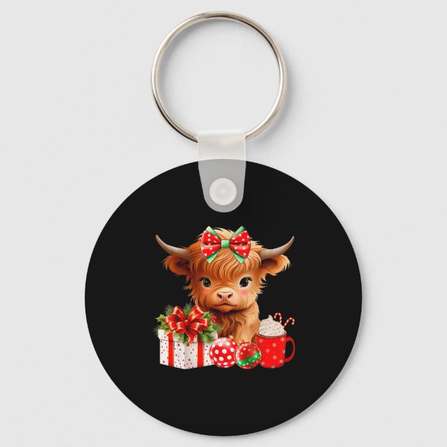 Llavero Cute Baby Highland Cow Merry Christmas Farmer Cow  (Anverso)