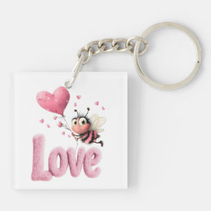 Llavero Cute Bee Fluffy Pink Love Heart Balloon