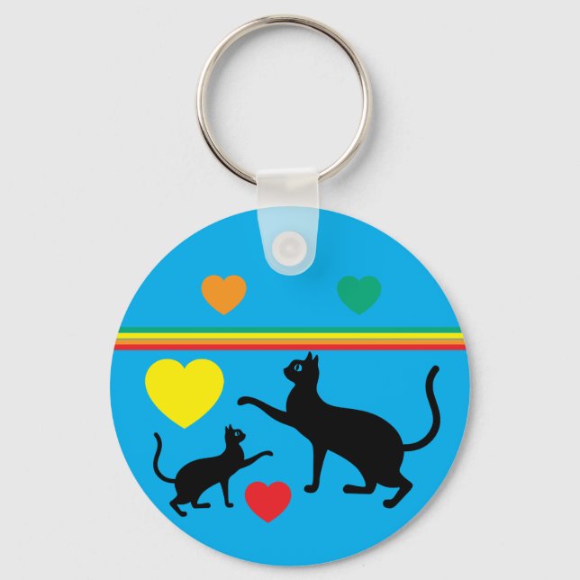 Llavero Cute Black Cats & Rainbow Shapes Blue Keychain (Reverso )