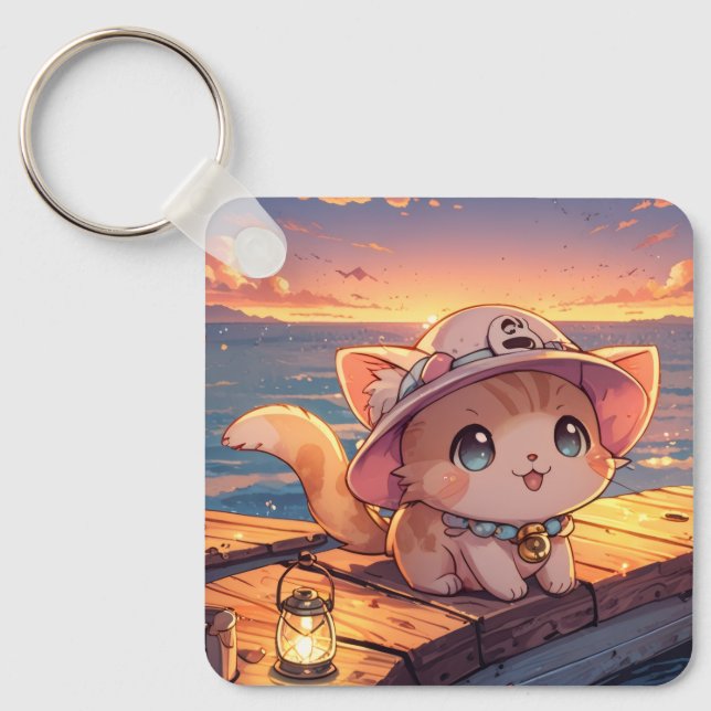 Llavero Cute Chibi Kitten at the Harbor Sunset – Whimsical (Anverso)