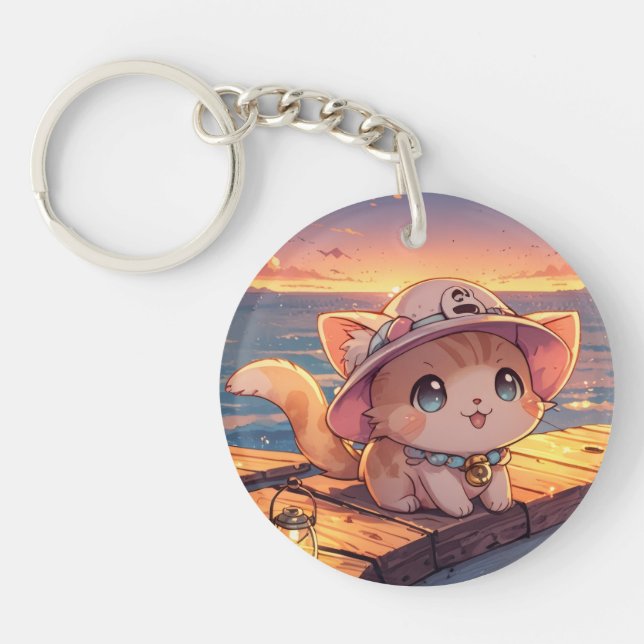 Llavero Cute Chibi Kitten at the Harbor Sunset – Whimsical (Frente)