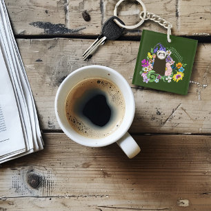 Llavero Cute Chocolate Sable Ferret Floral Verde