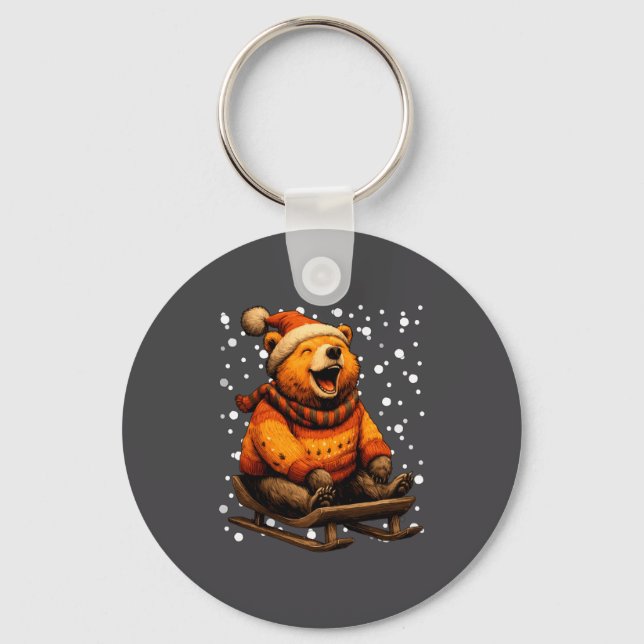 Llavero Cute Christmas Bear Sledding In Snow Funny Winter  (Anverso)
