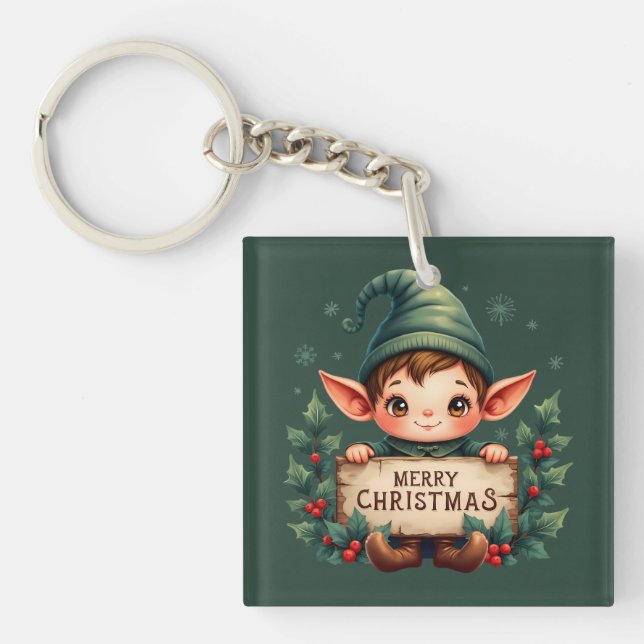 Llavero Cute Christmas Elf Holding Merry Sign Green (Frente)