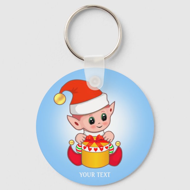 Llavero Cute Christmas Elf with Your Text on Light Blue (Anverso)