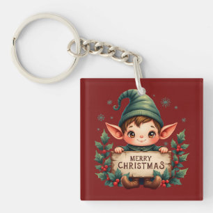 Llavero Cute Duende de Navidad sosteniendo letrero alegre 