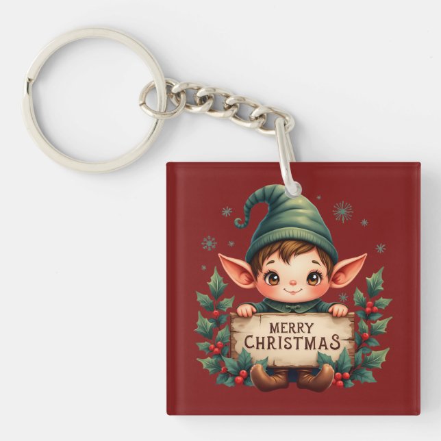 Llavero Cute Duende de Navidad sosteniendo letrero alegre  (Frente)