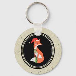Llavero Cute Fox in Christmas Hat inside a Black Circle