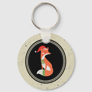 Llavero Cute Fox in Christmas Hat inside a Black Circle