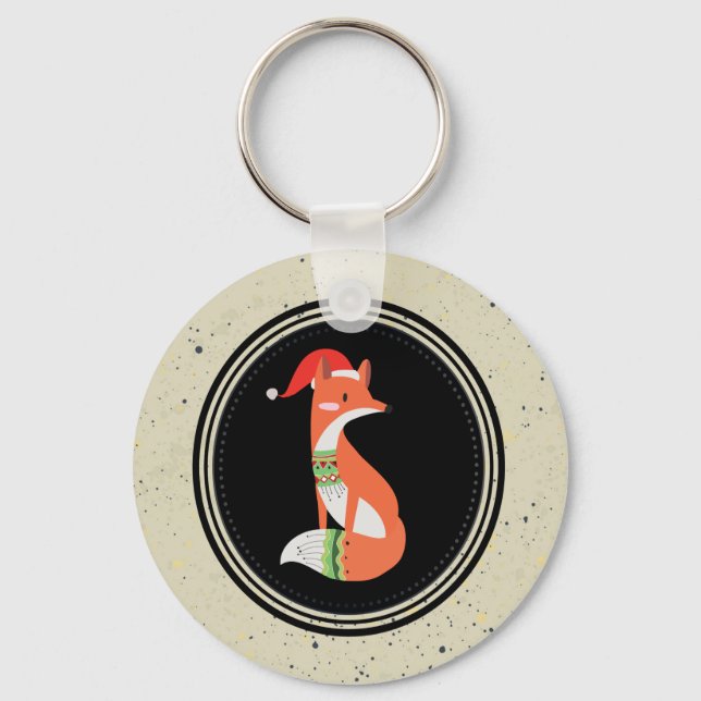 Llavero Cute Fox in Christmas Hat inside a Black Circle (Anverso)