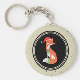 Llavero Cute Fox in Christmas Hat inside a Black Circle