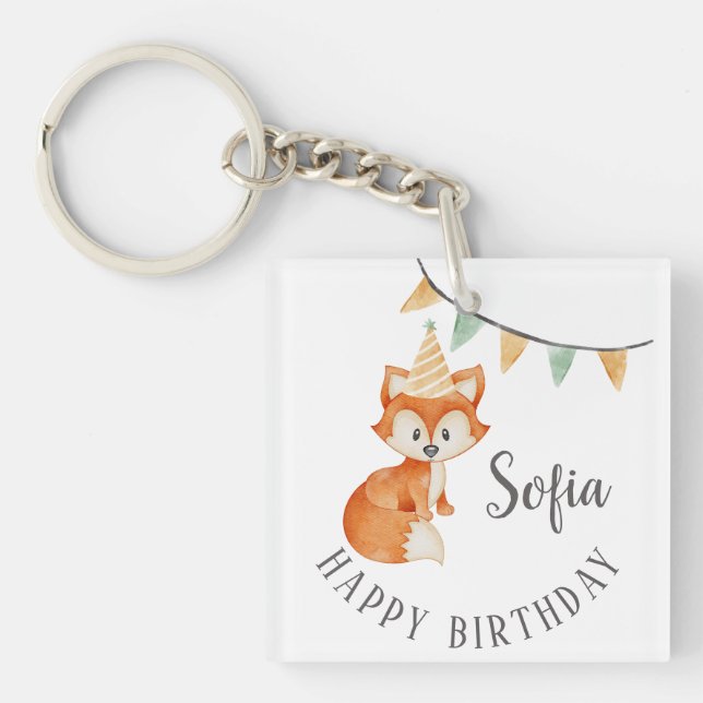 Llavero Cute Fox Woodland Fiesta Gorra Feliz Cumpleaños (Frente)