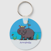 Cute funny hippopotamus with bird cartoon
