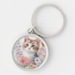 Llavero Cute Gatito de Acuarela con Flores