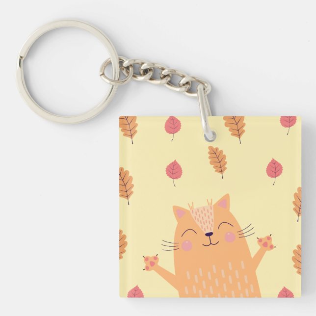 Llavero Cute Ginger Orange Cat Playing in Autumn Leaves (Frente)
