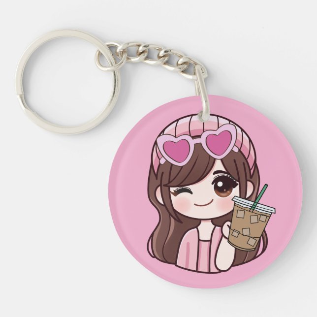Llavero Cute Girl Iced Coffee Keychain (Frente)