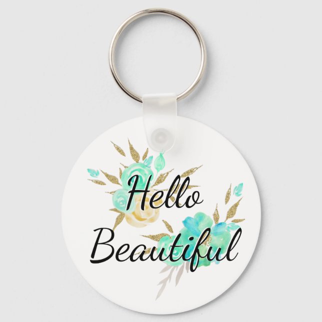 Llavero Cute Girly Hello Hermoso Oro y Floral Azul (Anverso)