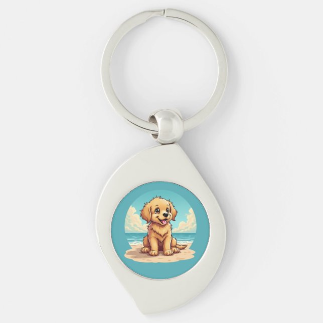 Llavero Cute Golden Puppy at Sunny Beach Scene (Anverso)