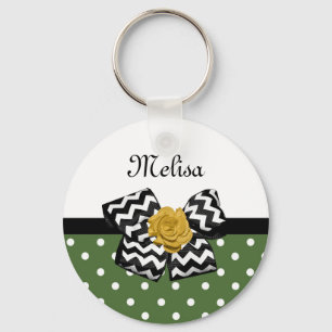Llavero Cute Green Dots Yellow Rose Chevron Bow and Name