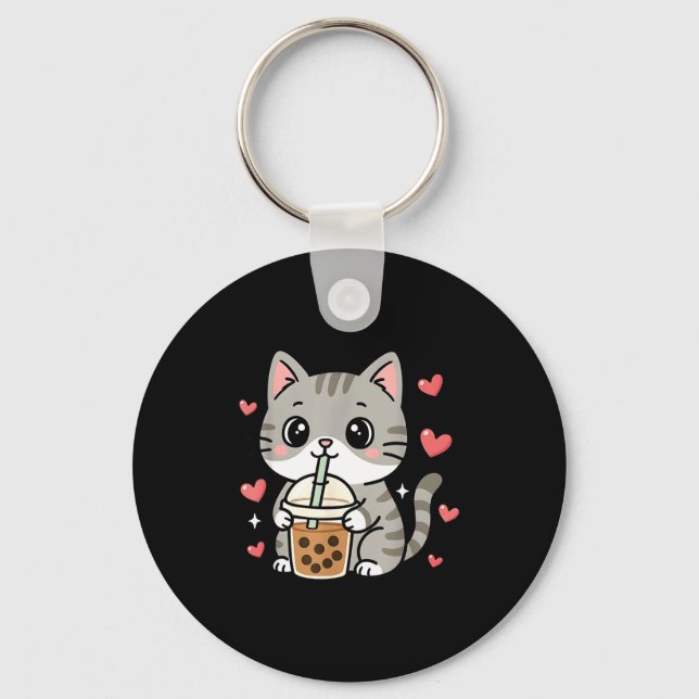Llavero Cute Grey Cat Boba Tea Bubble Tea Anime Kawaii Nek (Anverso)