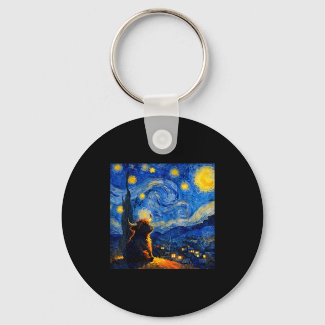Llavero Cute Highland Baby Cow Graphic Van Gogh Style Star (Anverso)