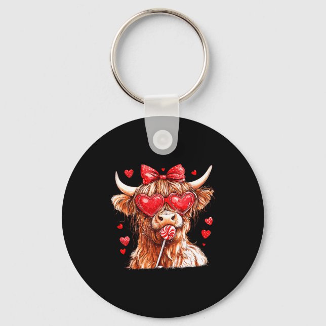 Llavero Cute Highland Cow Candy Cane Heart Valentines Day  (Anverso)