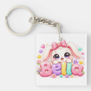 Llavero Cute Kawaii Bella Bunny Nombre Pastel Rosa Floral 