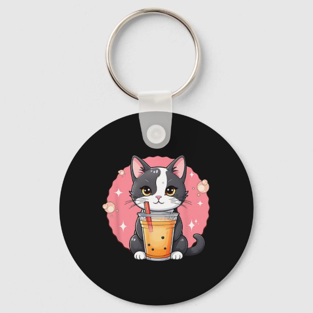 Llavero Cute Kawaii Cat Boba Tea japonés Estilo Tuxedo Kit (Anverso)