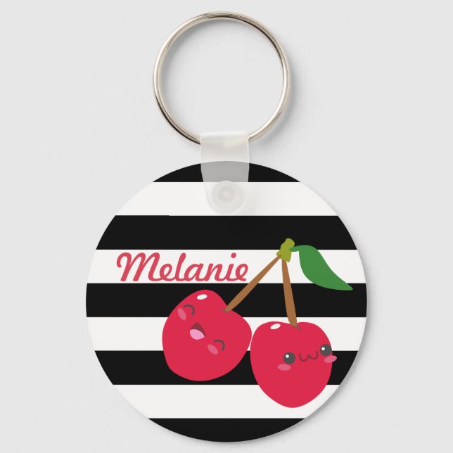 Llavero Cute Kawaii Cherry Striped Personalizado (Anverso)