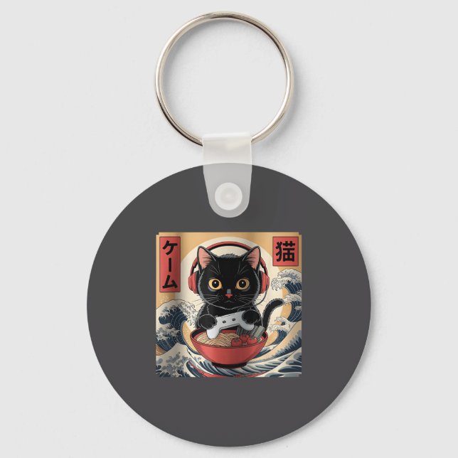 Llavero Cute Kawaii Gamer Cat Funny Ramen Retro Japanese C (Anverso)