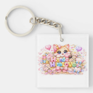 Llavero Cute Kawaii Hecho Con Amor Gato Nombre Pastel Rosa