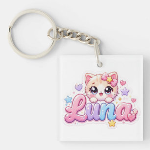 Llavero Cute Kawaii Luna Nombre de gato rosa pastel brilla