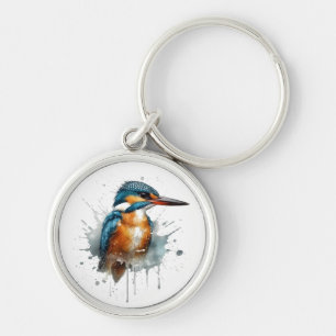 Llavero Cute Kingfisher en acuarela azul y naranja