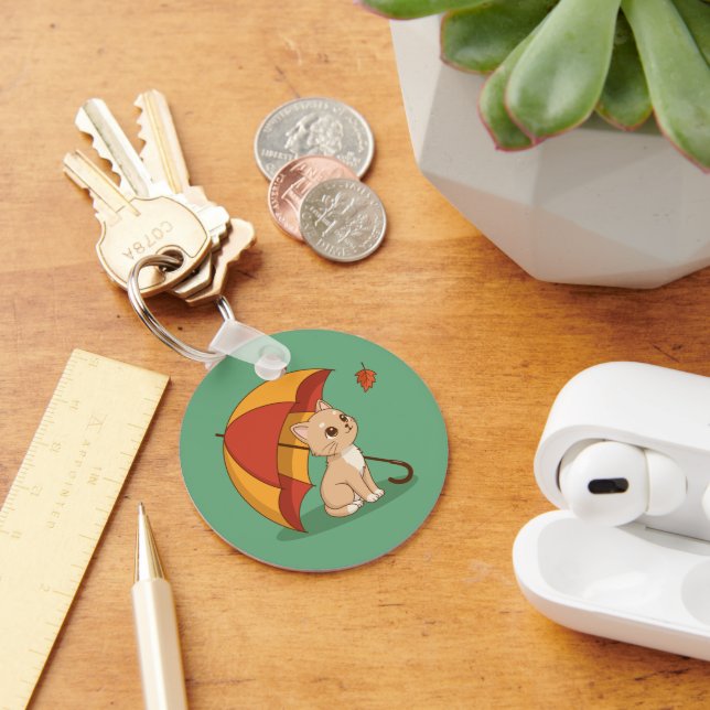 Llavero Cute Kitten Cat Red Yellow Umbrella Fall Green (Escritorio )