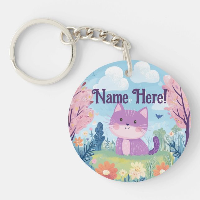Llavero Cute Kitten Nombre Personalizado Gato Púrpura (Frente)