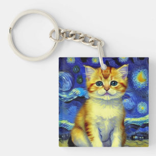 Llavero Cute Kitten Starry Night Van Gogh