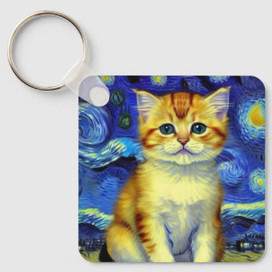 Llavero Cute Kitten Starry Night Van Gogh