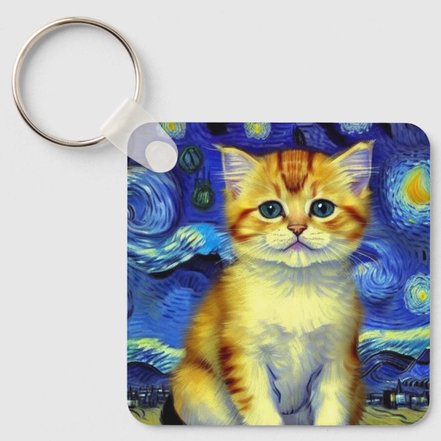 Llavero Cute Kitten Starry Night Van Gogh (Anverso)