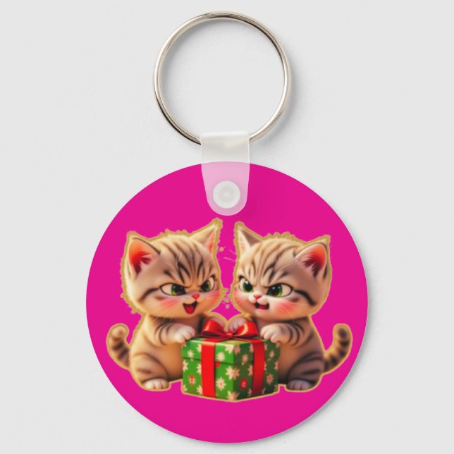 Llavero **Cute Kittens Fighting Over a Gift – Funny Christ (Anverso)