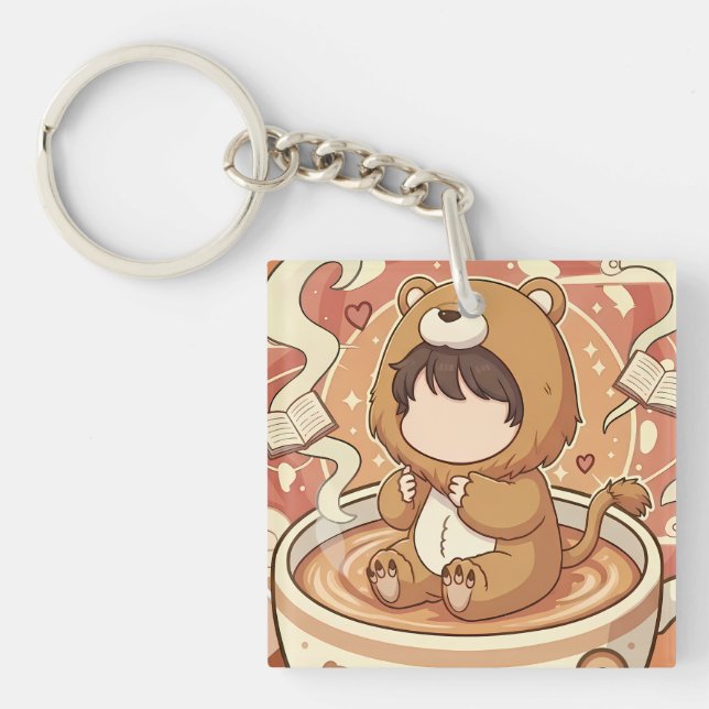 Llavero Cute Lion Boy Drinking Coffee (Frente)