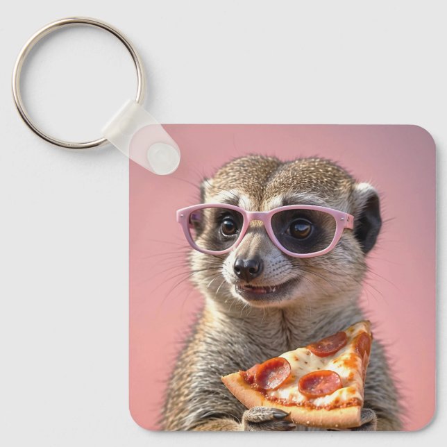 Llavero Cute Meerkat con gafas y pizza (Anverso)