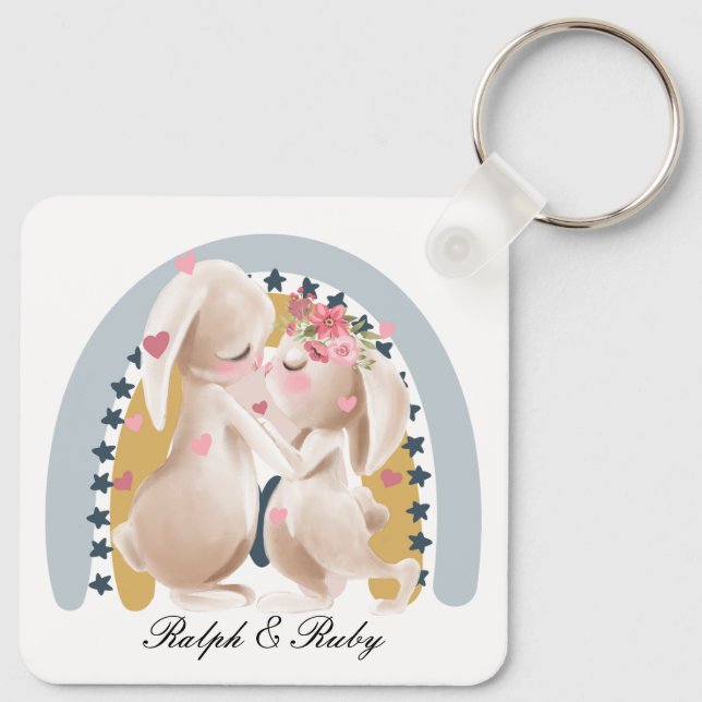 Llavero Cute Pareja Conejito Arcoiris Personalizado Regalo (Reverso )
